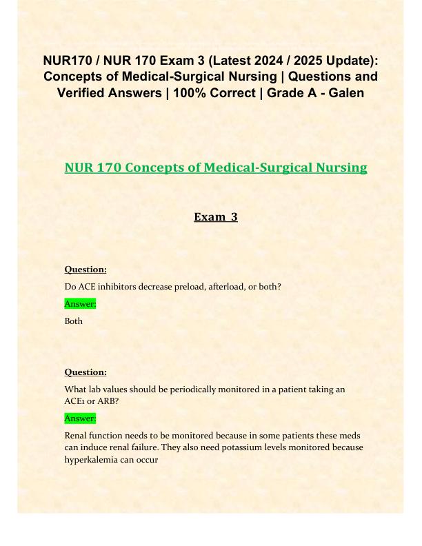 NUR170 NUR 170 Exam 3 (Latest 2024 2025 Update) Concepts of Medical-Surgical Nursing Questions and Verified Answers 100% Correct Grade A - Galen