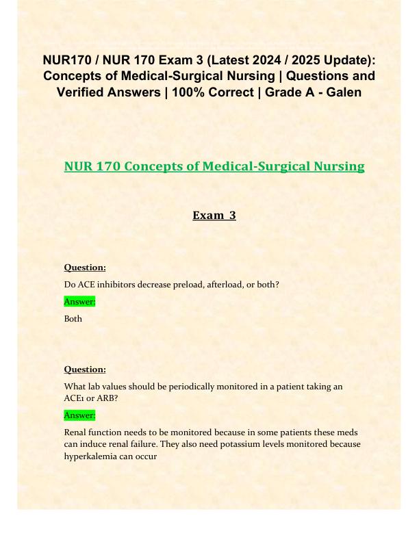 NUR170  NUR 170 Exam 3 (Latest 2024 2025 Update) Concepts of Medical-Surgical Nursing  Questions and Verified Answers  100% Correct  Grade A - Galen