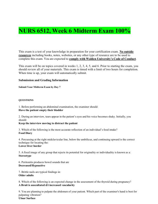 NURS 6512, Week 6 Mid term Exam Questions and Answers100% Correct Graded A++