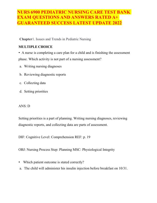 NURS 6900 PEDIATRIC NURSING CARE TEST BANK EXAM QUESTIONS AND ANSWERS RATED A+ GUARANTEED SUCCESS LATEST UPDATE 2022