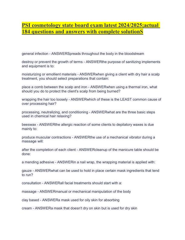 PSI Cosmetology State Board Exam latest 20242025 Actual 184 Questions and Answers with Complete Solution