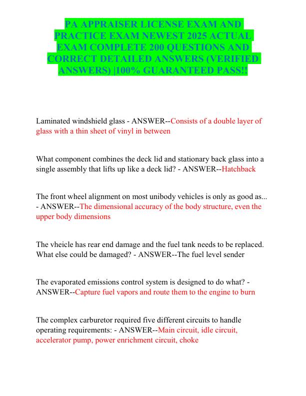 PA APPRAISER LICENSE EXAM AND PRACTICE EXAM NEWEST 2025 ACTUAL EXAM COMPLETE 200 QUESTIONS AND CORRECT DETAILED ANSWERS (VERIFIED ANSWERS) 100% GUARANTEED PASS!!