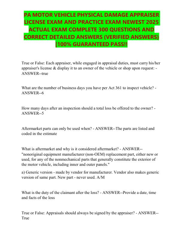 PA MOTOR VEHICLE PHYSICAL DAMAGE APPRAISER LICENSE EXAM AND PRACTICE EXAM NEWEST 2025 ACTUAL EXAM COMPLETE 300 QUESTIONS AND CORRECT DETAILED ANSWERS 100% GUARANTEED PASS!