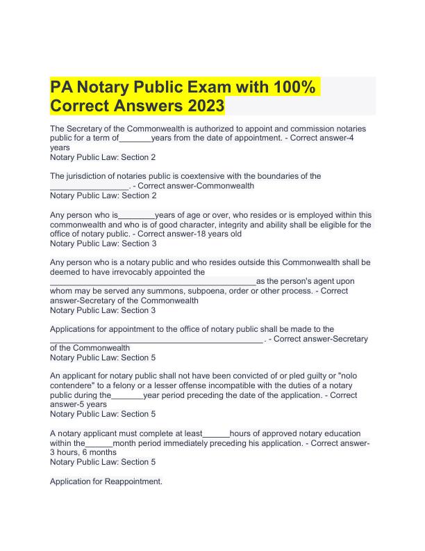 PA Notary Public Exam with 100% Correct Answers 2023