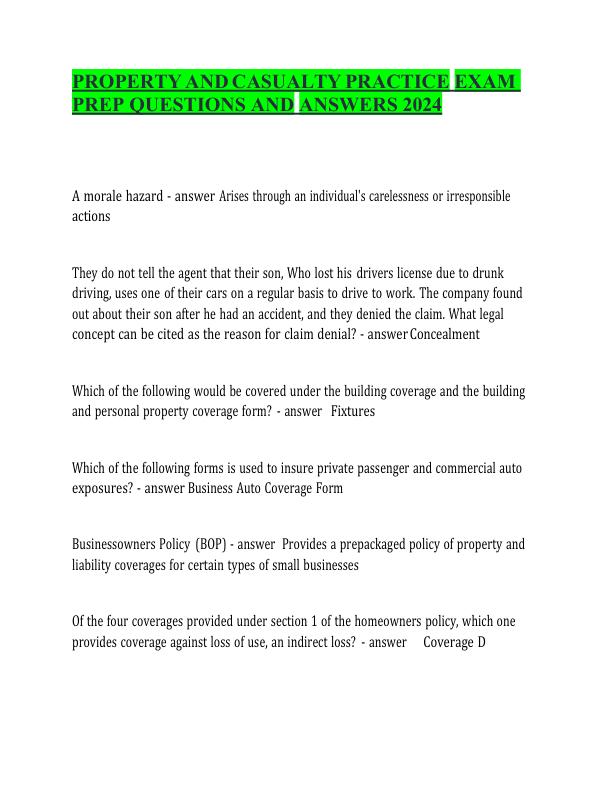PROPERTY AND CASUALTY PRACTICE EXAM PREP QUESTIONS AND ANSWERS 2024