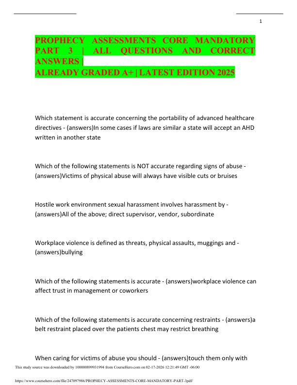 PROPHECY ASSESSMENTS CORE MANDATORY PART 3 ALL QUESTIONS AND CORRECT ANSWERS ALREADY GRADED A+ LATEST EDITION 2025
