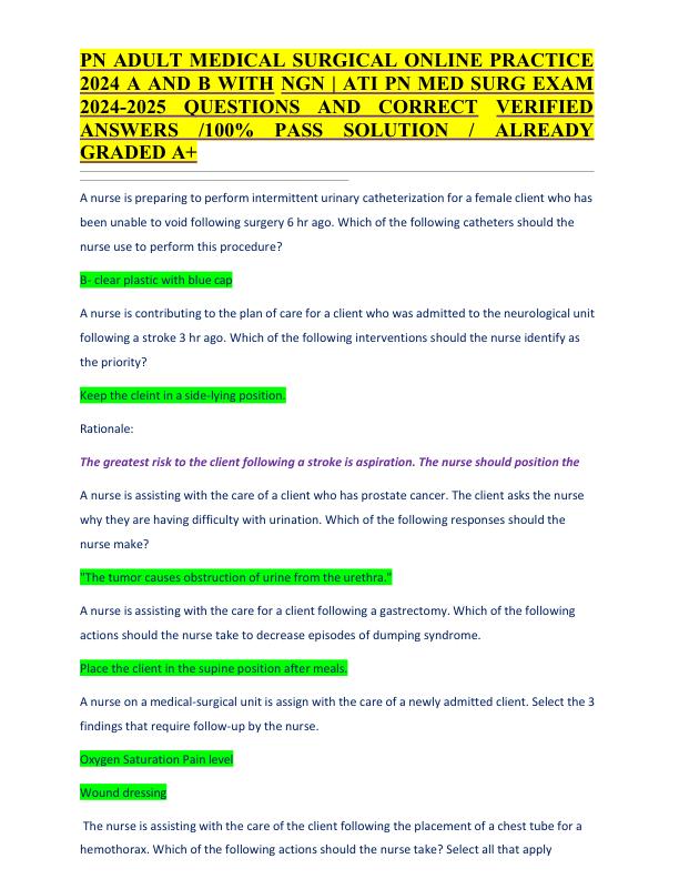 PN ADULT MEDICAL SURGICAL ONLINE PRACTICE 2024 A AND B WITH NGN  ATI PN MED SURG EXAM 2024-2025 QUESTIONS AND CORRECT VERIFIED ANSWERS 100% PASS SOLUTION  ALREADY GRADED A+