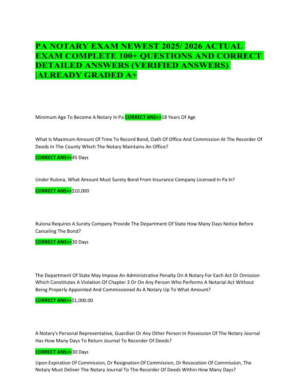 PA NOTARY EXAM NEWEST 2025 2026 ACTUAL EXAM COMPLETE 100+ QUESTIONS AND CORRECT DETAILED ANSWERS ALREADY GRADED A+