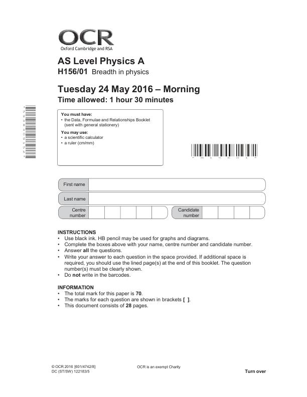 OCR AS Level Physics Paper 1 – June 2016 Actual Exam Questions PDF