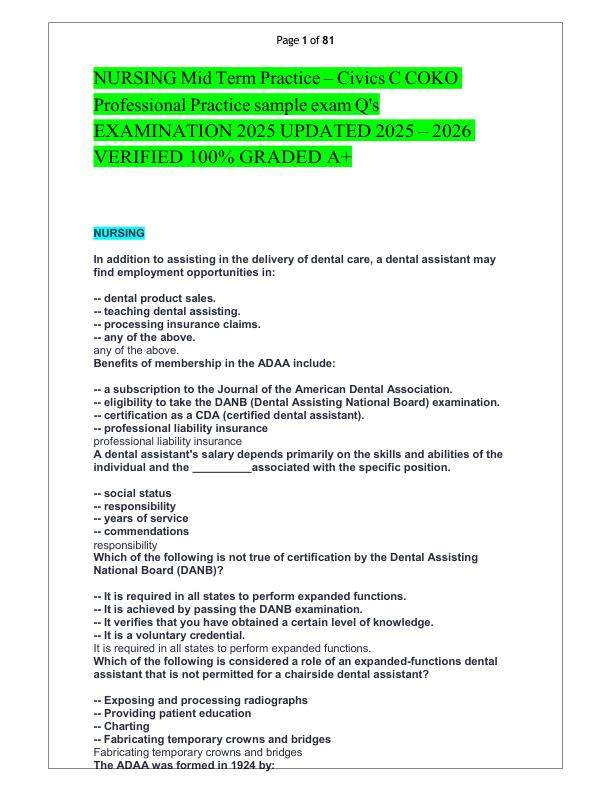 NURSING Mid Term Practice – Civics C COKO Professional Practice sample exam Q's EXAMINATION 2025 UPDATED 2025 – 2026 VERIFIED 100% GRADED A+