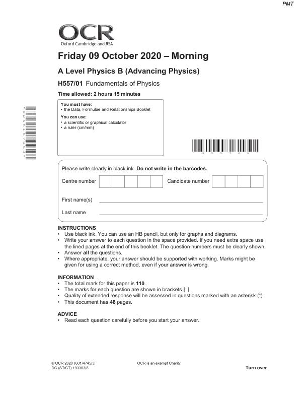 OCR A Level Physics Paper 1 – October 2020  OCR B Actual Exam PDF
