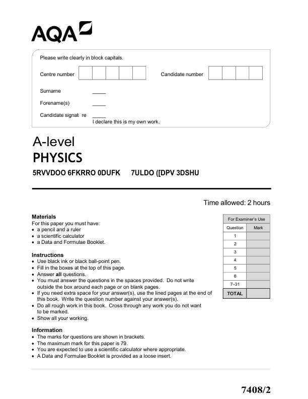 Physics A Level – March Trial Exam Paper 1  Full Question Paper PDF