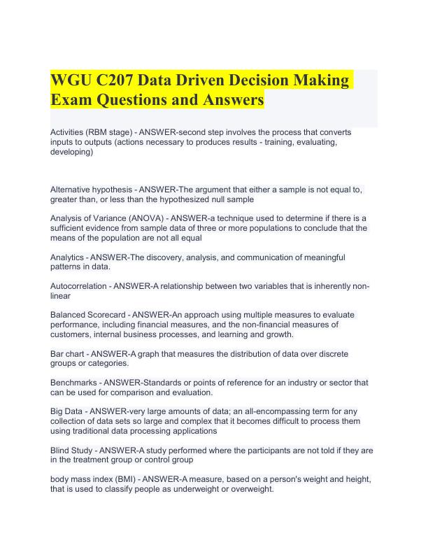 WGU C207 Data Driven Decision Making Exam Questions and Verified Answers 100% Correct Already Grade A+