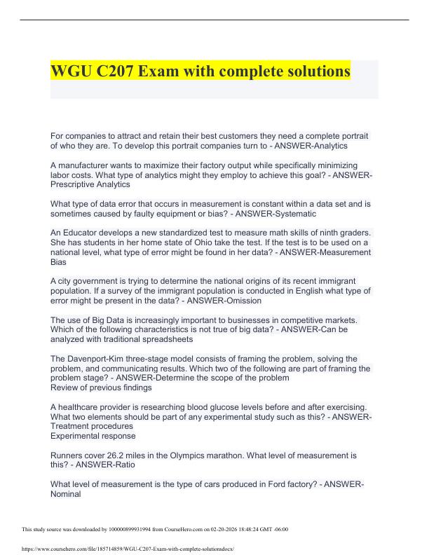 WGU C207 Exam with complete solutions Questions and Verified Answers 100% Correct Already Grade A+