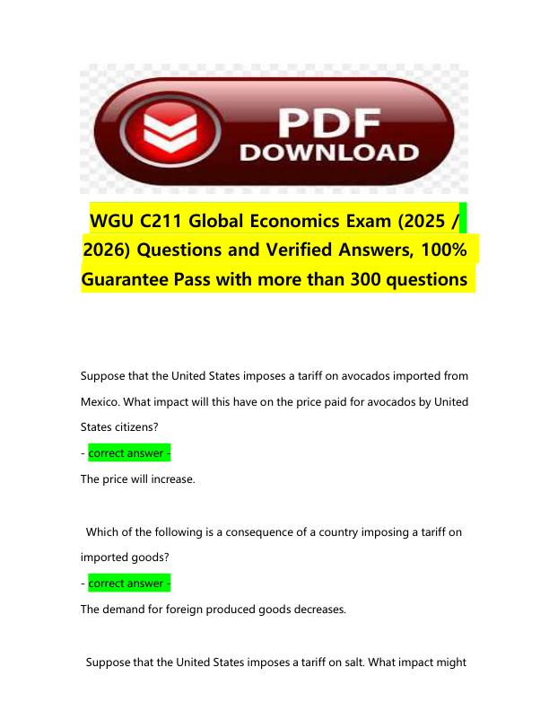 WGU C211 Global Economics Exam (2025  2026) Questions and Verified Answers, 100%  Guarantee Pass with more than 300 questions