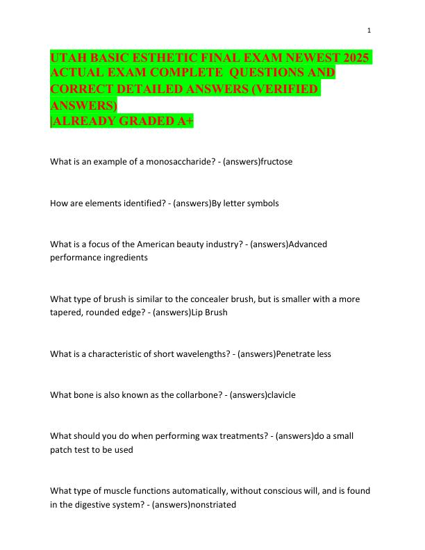 UTAH BASIC ESTHETIC FINAL EXAM NEWEST 2025 ACTUAL EXAM COMPLETE QUESTIONS AND CORRECT DETAILED ANSWERS (VERIFIED ANSWERS) ALREADY GRADED A+