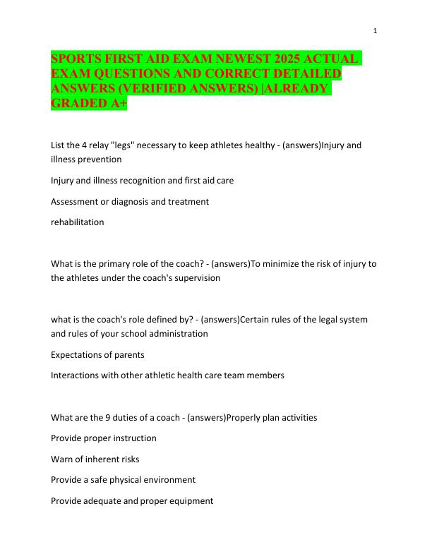 SPORTS FIRST AID EXAM NEWEST 2025 ACTUAL EXAM QUESTIONS AND CORRECT DETAILED ANSWERS (VERIFIED ANSWERS) ALREADY GRADED A+