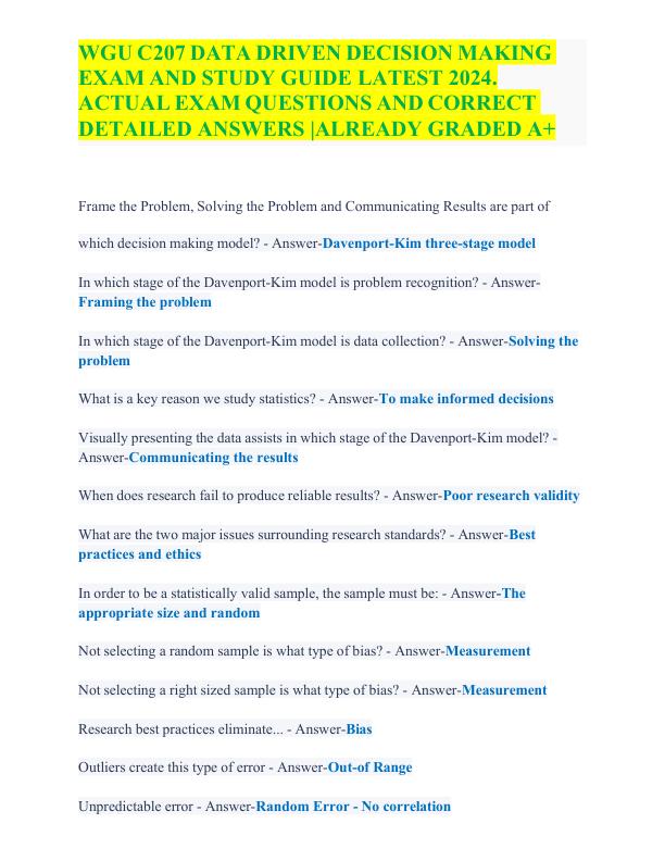 WGU C207 DATA DRIVEN DECISION MAKING EXAM AND STUDY GUIDE LATEST 2024. ACTUAL EXAM QUESTIONS AND CORRECT DETAILED ANSWERS ALREADY GRADED A+