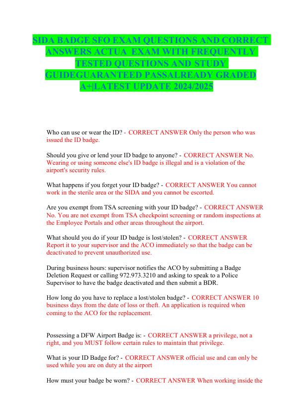 SIDA BADGE SFO EXAM QUESTIONS AND CORRECT ANSWERS ACTUA EXAM WITH FREQUENTLY TESTED QUESTIONS AND STUDY GUIDE GUARANTEED READY A+