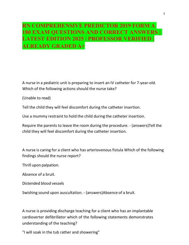 RN COMPREHENSIVE PREDICTOR 2019 FORM A 180 EXAM QUESTIONS AND CORRECT ANSWERS LATEST EDITION 2025 PROFESSOR VERIFIED ALREADY GRADED A+