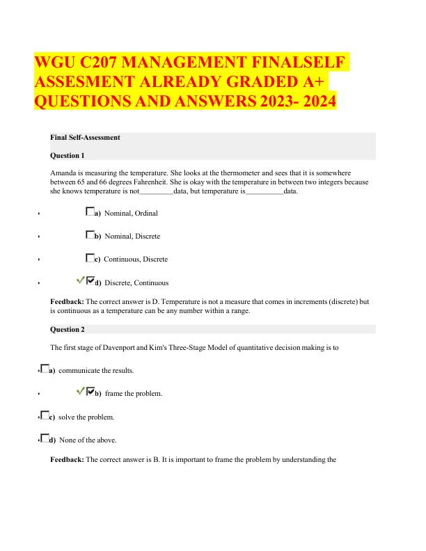 WGU C207 MANAGEMENT FINALSELF ASSESMENT ALREADY GRADED A+ QUESTIONS AND ANSWERS 2023- 2024