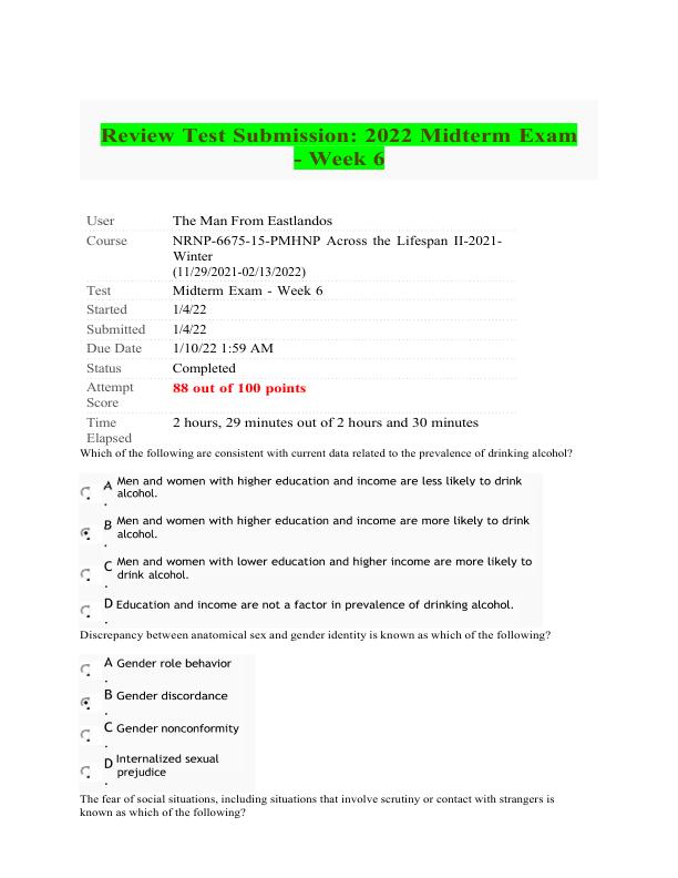 Review Test Submission 2022 Midterm Exam - Week 6 100% Correct Graded A+