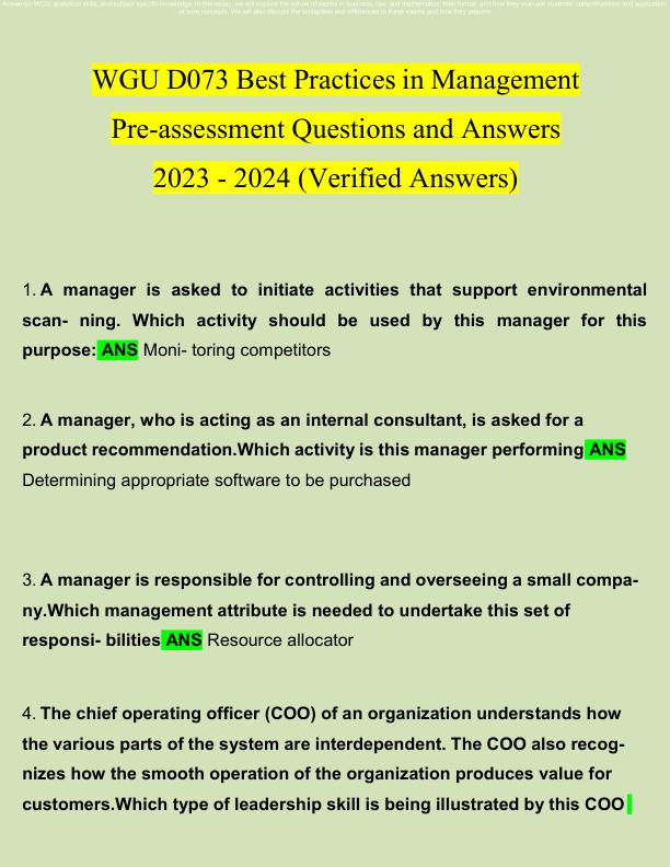 WGU D073 Best Practices in Management Pre-assessment Questions and Answers 2023 - 2024 (Verified Answers)