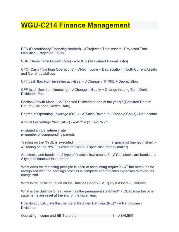 WGU-C214 Finance Management Questions and Verified Answers 100% Correct Already Grade A+