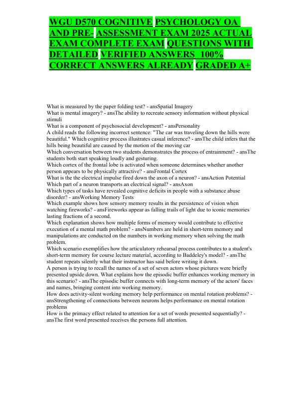 WGU D570 COGNITIVE PSYCHOLOGY OA AND PRE- ASSESSMENT EXAM 2025 ACTUAL EXAM COMPLETE EXAM QUESTIONS WITH DETAILED VERIFIED ANSWERS 100% CORRECT ANSWERS ALREADY GRADED A+