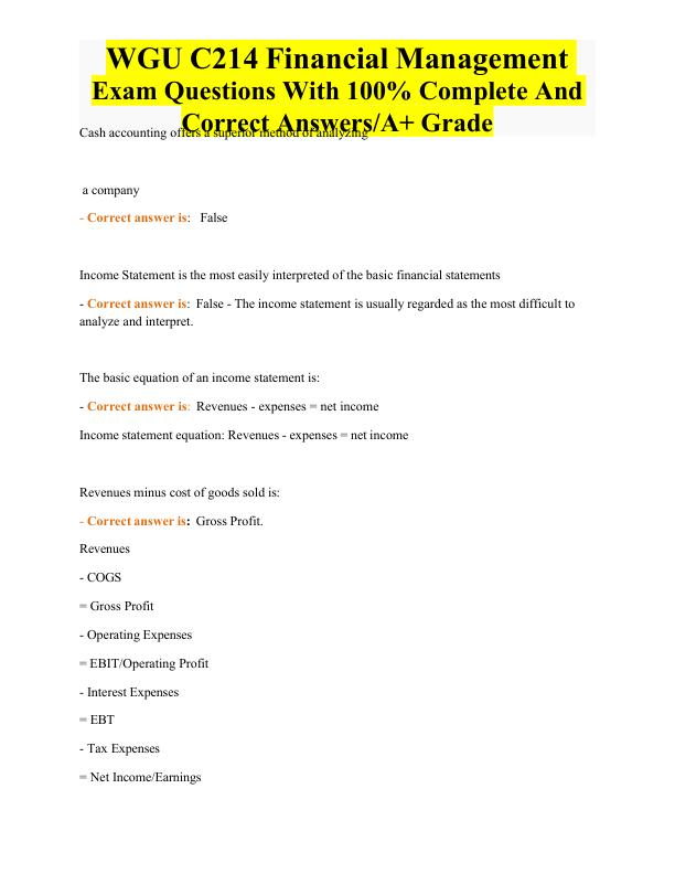 WGU C214 Financial Management Exam Questions With 100% Complete And Correct AnswersA+ Grade