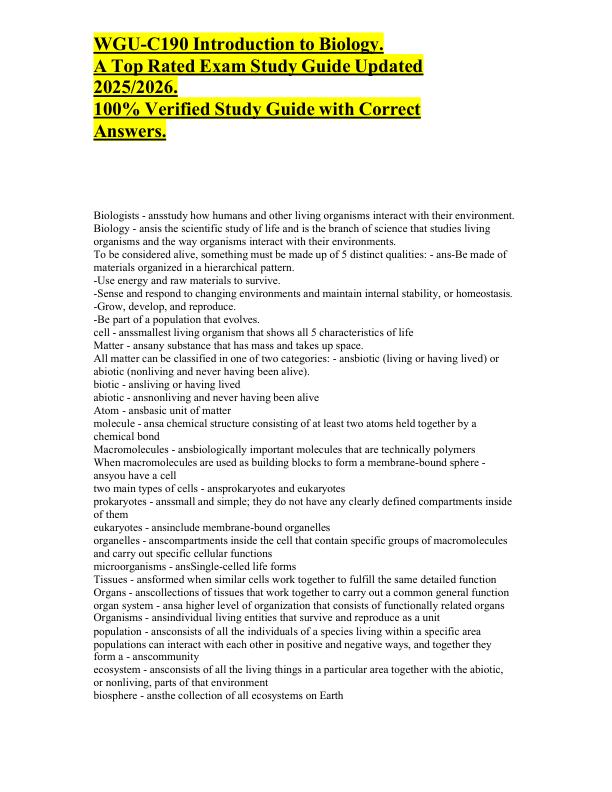 WGU-C190 Introduction to Biology. A Top Rated Exam Study Guide Updated 20252026 100% Verified Study Guide with Correct Answers