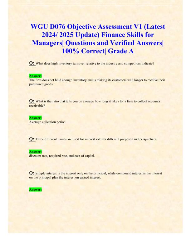 WGU D076 Objective Assessment V1 (Latest 2024 2025 Update) Finance Skills for Managers Questions and Verified Answers 100% Correct Grade A+