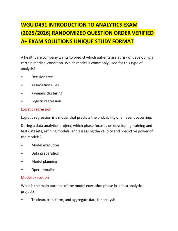 WGU D491 INTRODUCTION TO ANALYTICS EXAM (20252026) RANDOMIZED QUESTION ORDER VERIFIED A+ EXAM SOLUTIONS UNIQUE STUDY FORMAT