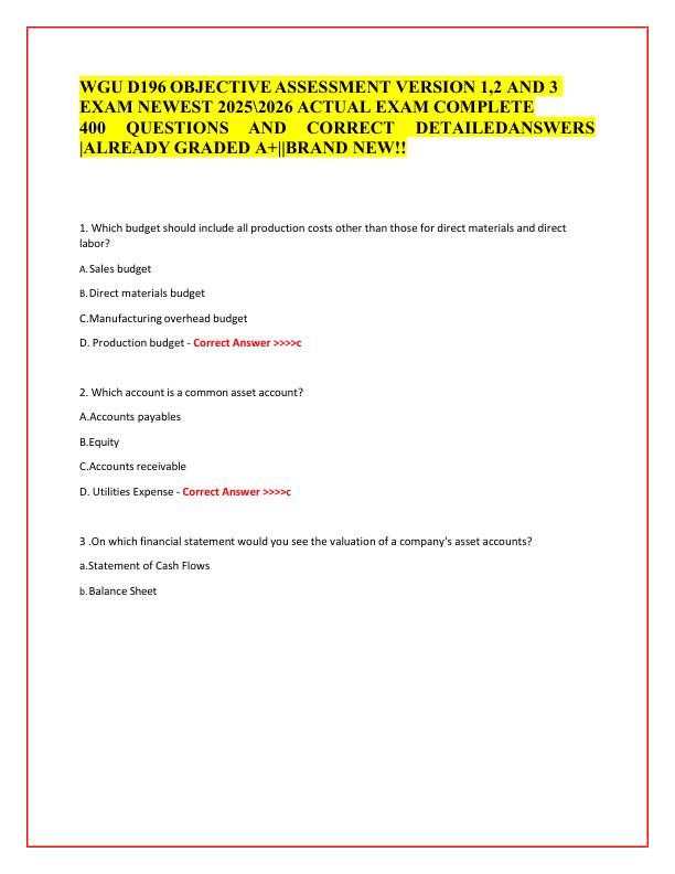 WGU D196 OBJECTIVE ASSESSMENT VERSION 1,2 AND 3 EXAM NEWEST 20252026 ACTUAL EXAM COMPLETE 400 QUESTIONS AND CORRECT DETAILEDANSWERS ALREADY GRADED A+BRAND NEW!!