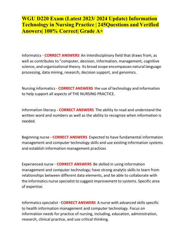 WGU D220 Exam (Latest 2023 2024 Update) Information Technology in Nursing Practice  245Questions and Verified Answers 100% Correct Grade A+