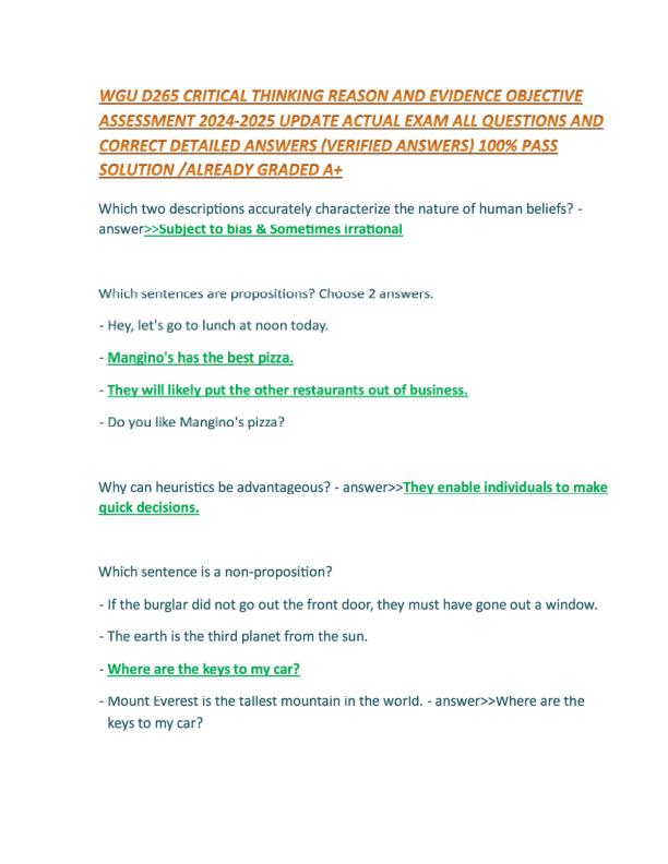 WGU D265 CRITICAL THINKING REASON AND EVIDENCE OBJECTIVE ASSESSMENT 2024 2025 UPDATE ACTUAL EXAM ALL QUESTIONS AND CORRECT DETAILED ANSWERS 100% PASS