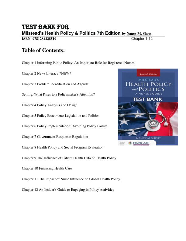 TEST BANK FOR Milstead's Health Policy & Politics 7th Edition by Nancy M. Short ISBN 9781284228519 Chapter 1-12