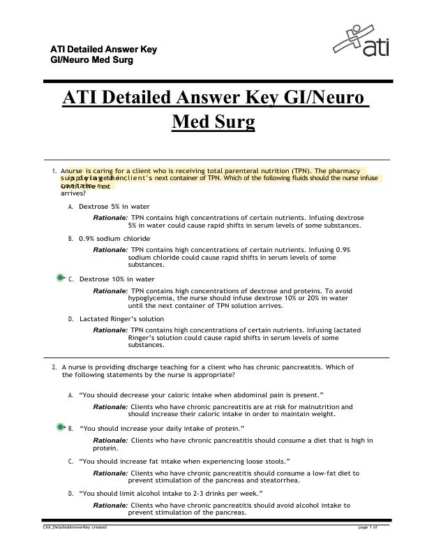 ATI Detailed Answer Key GINeuro Med Surg A+ Guide