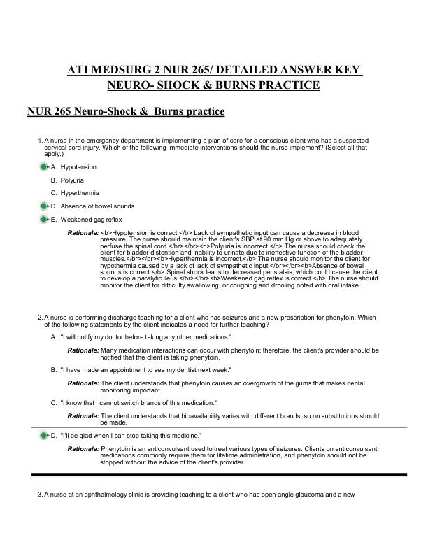ATI MEDSURG 2 NUR 265 DETAILED ANSWER KEY NEURO- SHOCK & BURNS PRACTICE