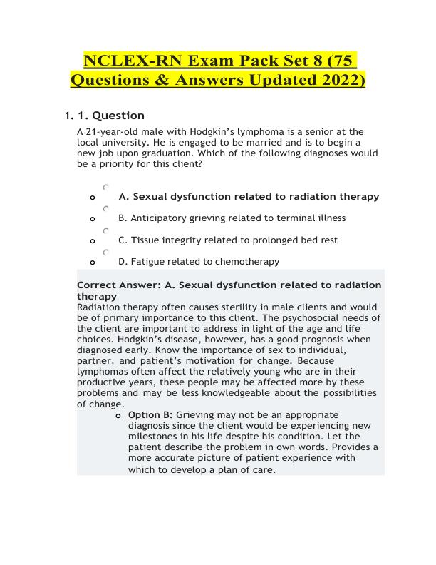 NCLEX-RN Exam Pack Set 8 (75 Questions & Answers Updated 2022) LATEST COMPLETE QUESTIONS AND VERIFIED ANSWERS (GRADED A+)