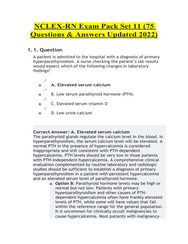 NCLEX-RN Exam Pack Set 11 (75 Questions & Answers Updated 2022) LATEST COMPLETE QUESTIONS AND VERIFIED ANSWERS (GRADED A+)