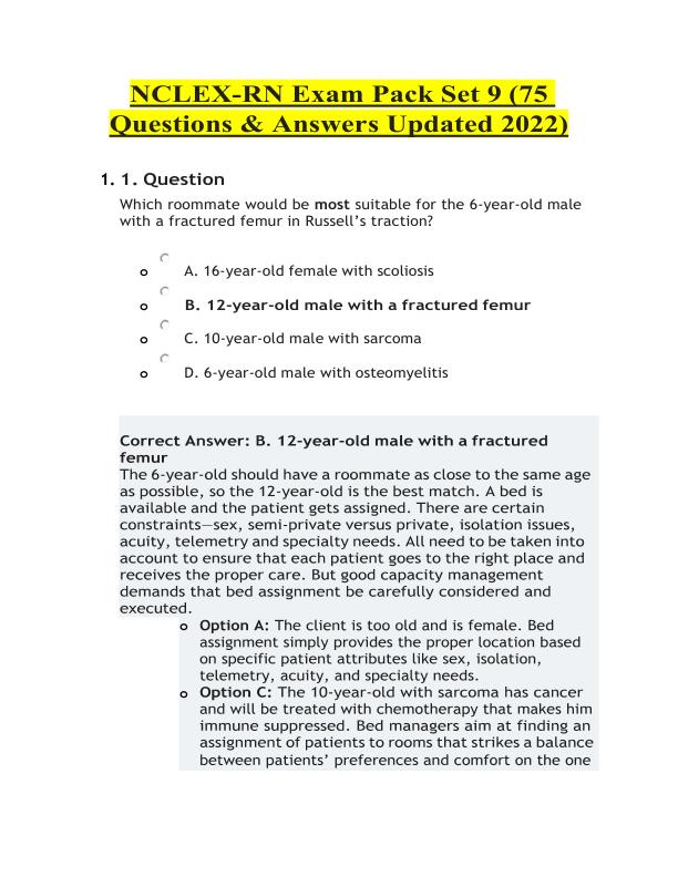 NCLEX-RN Exam Pack Set 9 (75 Questions & Answers Updated 2022) LATEST COMPLETE QUESTIONS AND VERIFIED ANSWERS