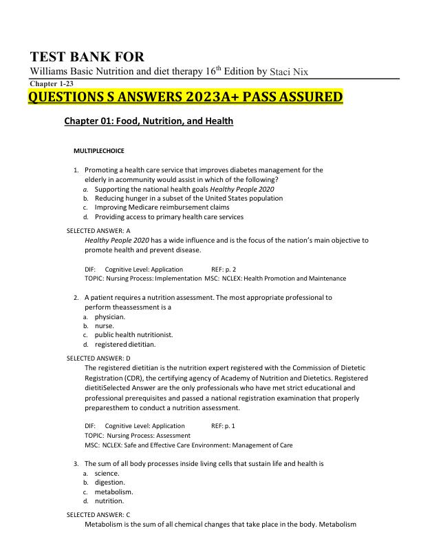 Test Bank For Williams Basic Nutrition and diet therapy 16th Edition by Staci Nix Chapter 1-23 QUESTIONS & ANSWERS 2023A+ PASS ASSURED