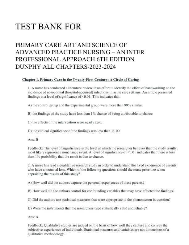 TEST BANK PRIMARY CARE ART AND SCIENCE OF ADVANCED PRACTICE NURSING – AN INTER PROFESSIONAL APPROACH 6TH EDITION DUNPHY ALL CHAPTERS 2023-2024