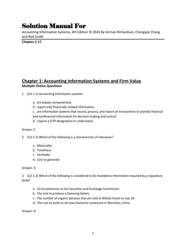 Solution Manual For Accounting Information Systems, 4th Edition © 2024 By Vernon Richardson, Chengyee Chang and Rod Smith Chapter 1-17