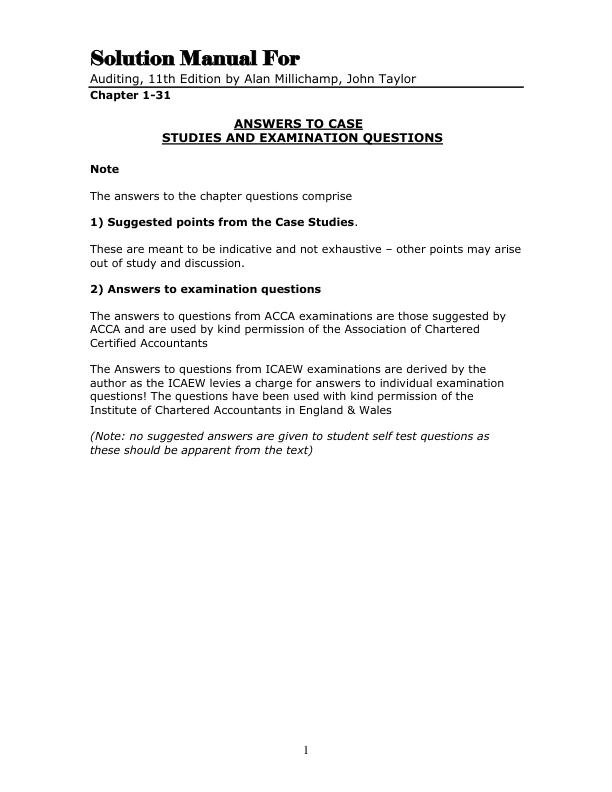 Solution Manual For Auditing, 11th Edition by Alan Millichamp, John Taylor Chapter 1-32