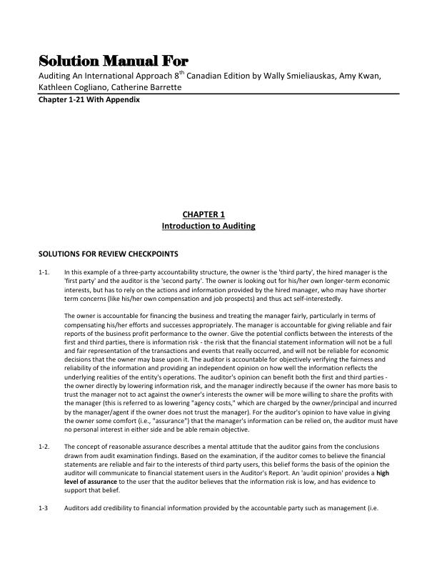 Solution Manual For Auditing An International Approach 8th Canadian Edition by Wally Smieliauskas, Amy Kwan, Kathleen Cogliano, Catherine Barrette Chapter 1-21 With Appendix
