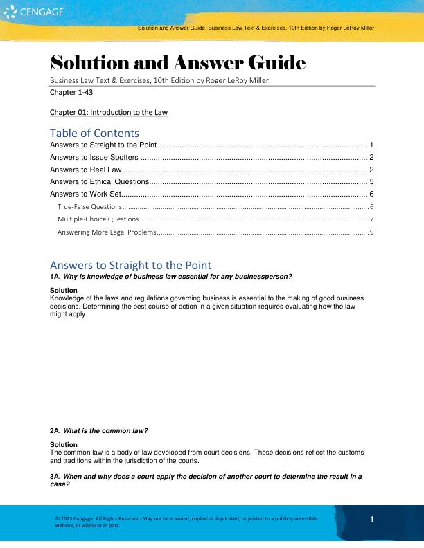 Solution Manual For Business Law Text & Exercises, 10th Edition BY Roger LeRoy Miller Chapter 1-43