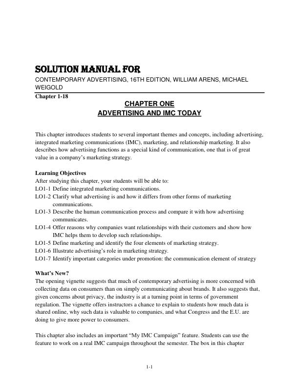 Solution Manual For Contemporary Advertising, 16th Edition by William Arens, Michael Weigold Chapter 1-18