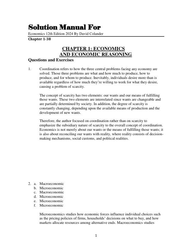 Solution Manual For Economics 12th Edition 2024 By David Colander Chapter 1-38